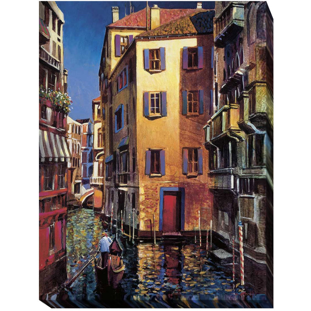 Painting of a canal scene with gondola, water, sunset and buildings in Venice, Italy.