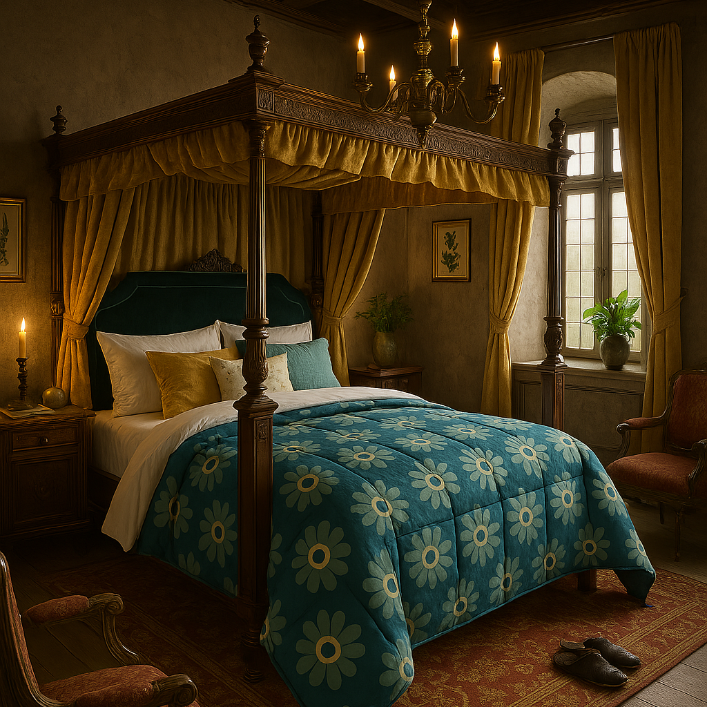 Vintage bedroom with canopy bed, floral bedding, and candlelit atmosphere.