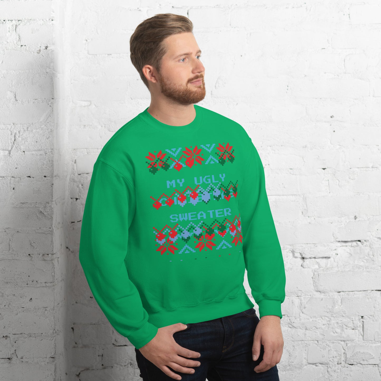 Christmas bells graphic on ugly green sweater on adult