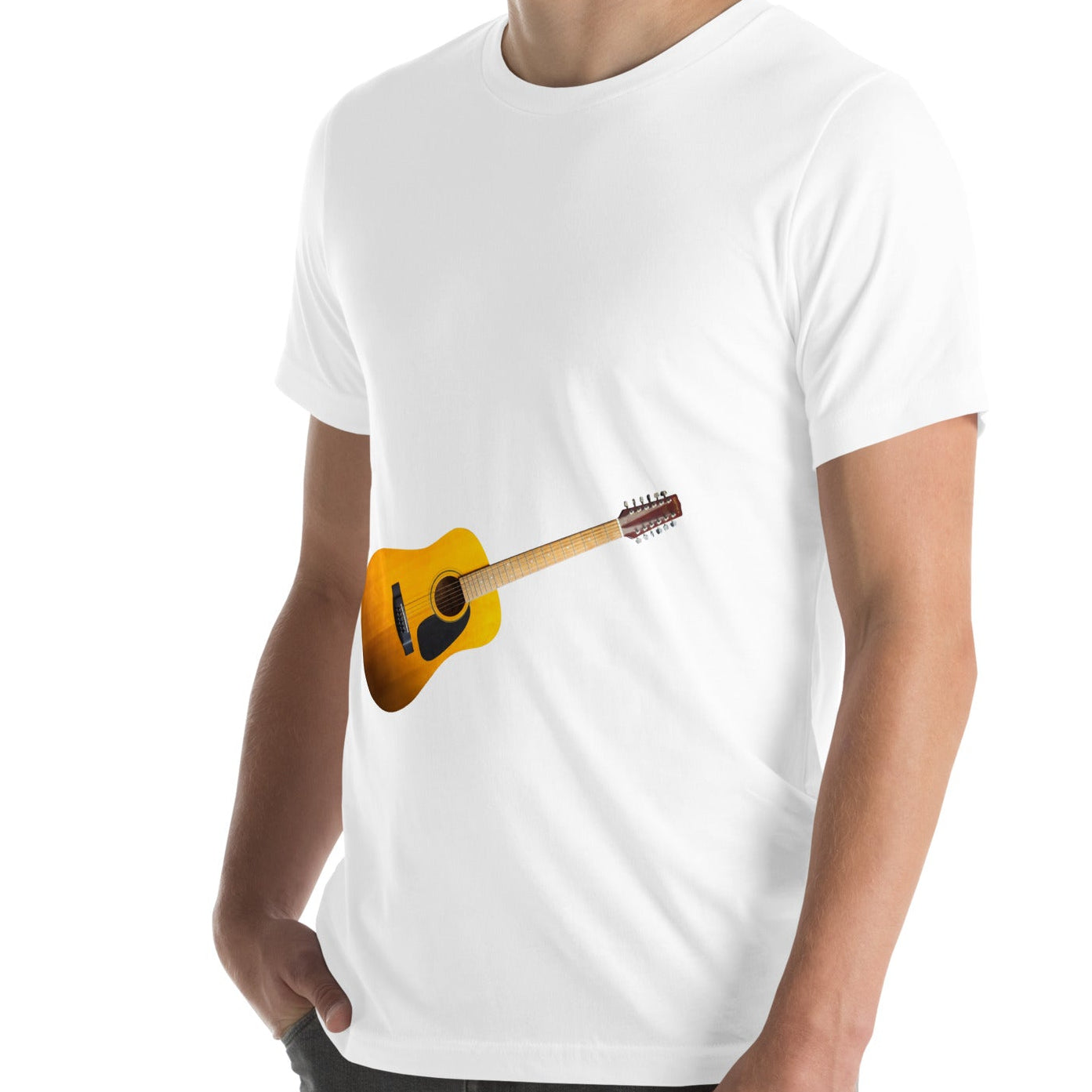 Person wearing a t-shirt with a yellow guitar graphic on a white background