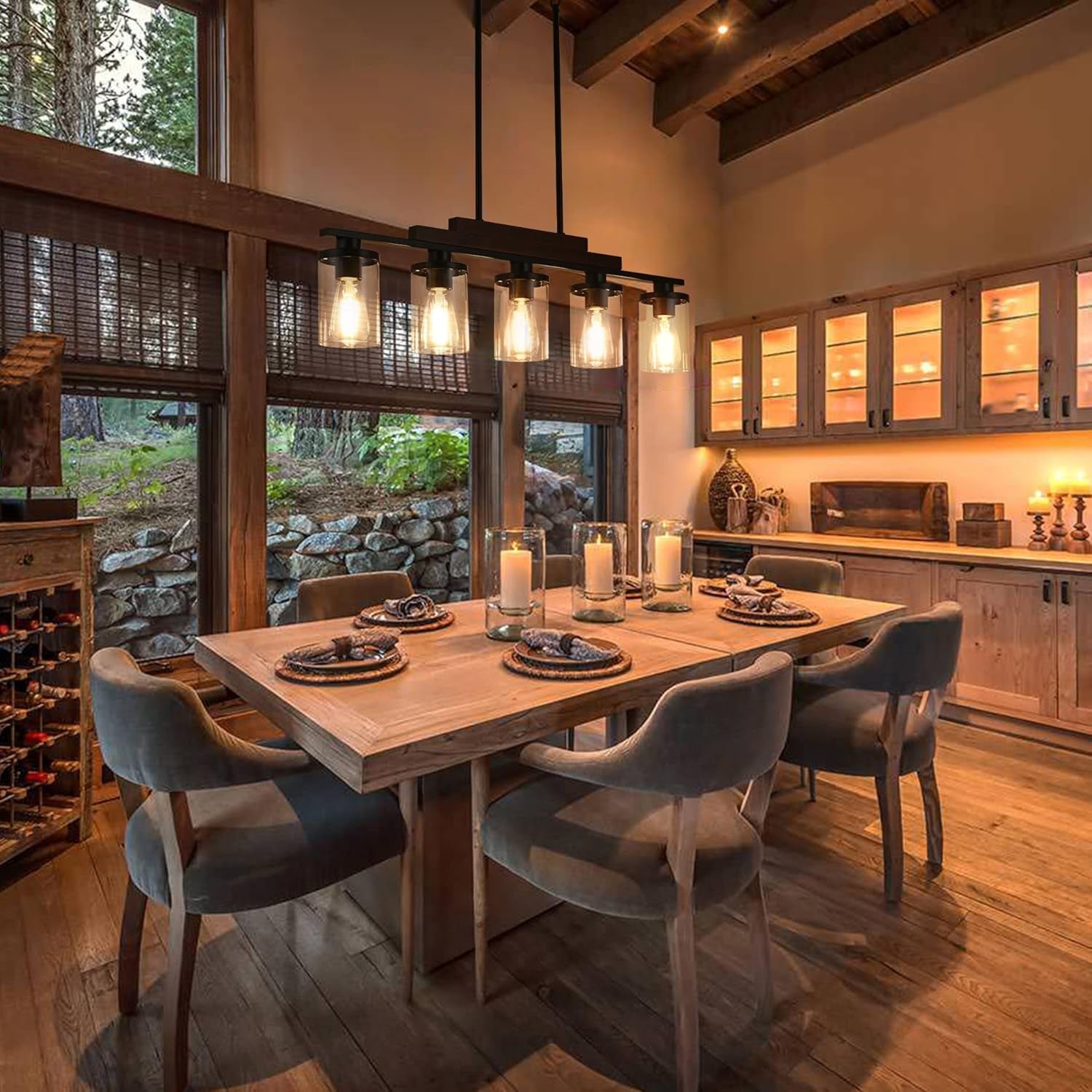 Park City Utah dining area with wooden table and chairs in a rustic kitchen setting.