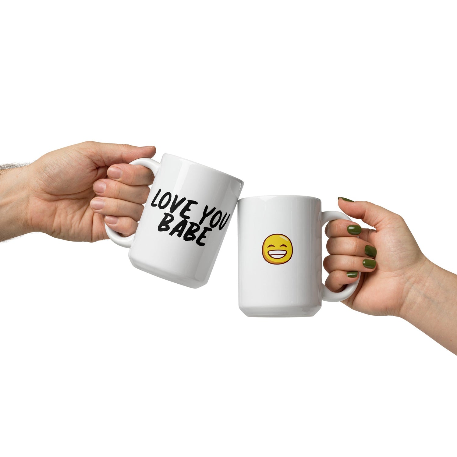 Two hands holding a white ceramic mug with the text 'LOVE YOU BABE' on one side and a smiley face on the other, against a white background.