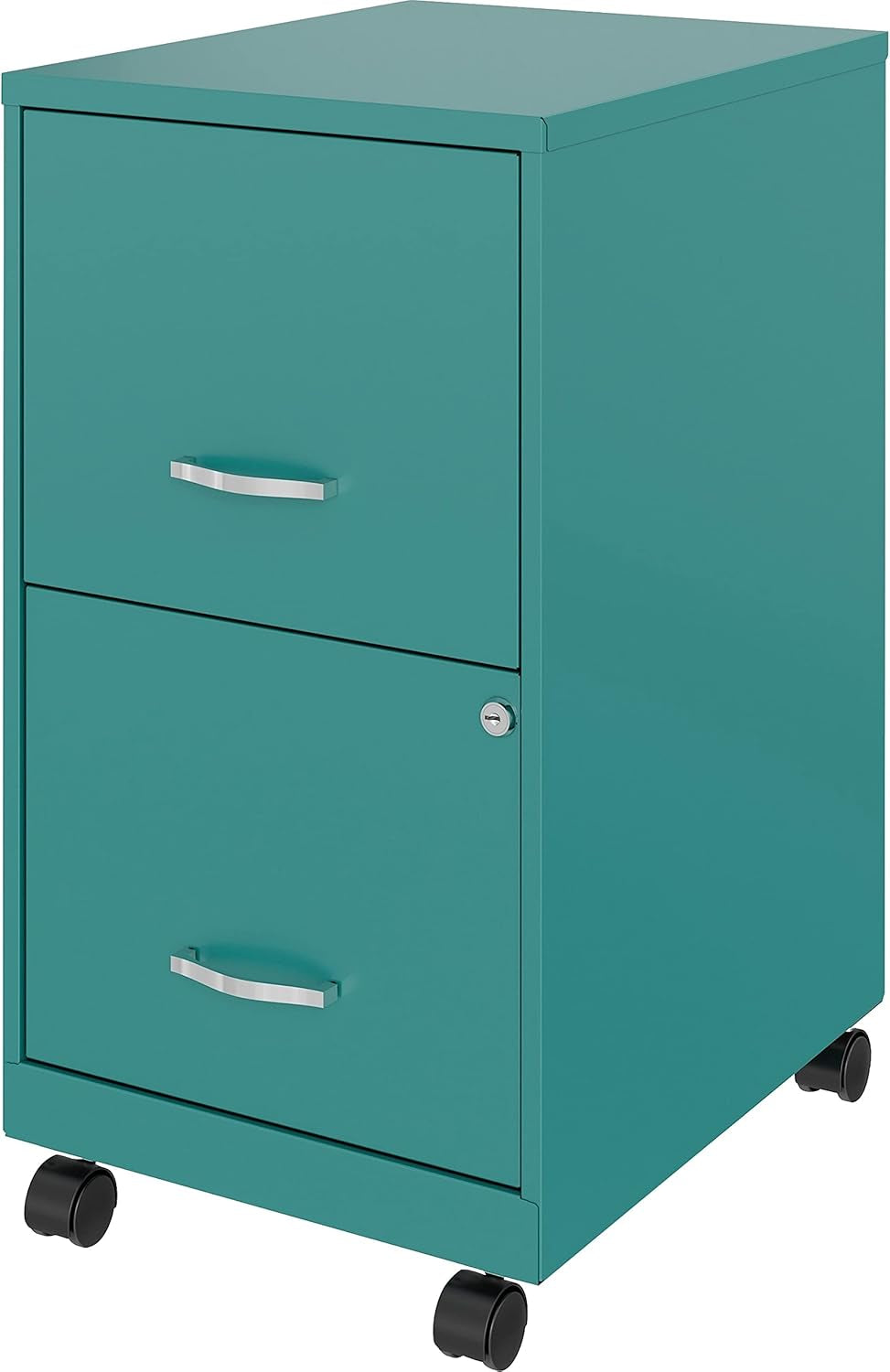 Front side view of Teal filing cabinet with corner wheels for mobility