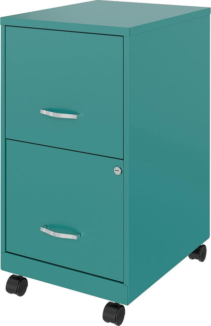 Front side view of Teal filing cabinet with corner wheels for mobility