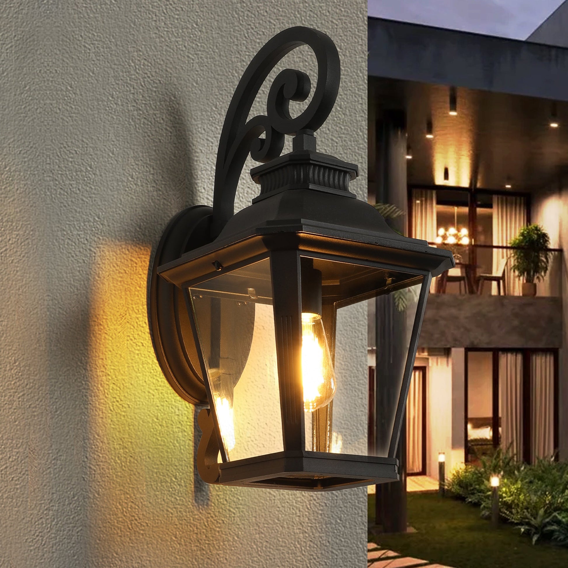 Decorative outdoor wall light fixture on a house exterior with a warm glow.