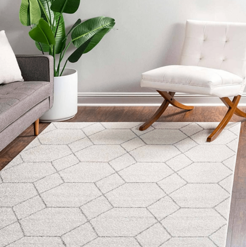 Living room with a geometric patterned rug, gray sofa, white chair, and plant.