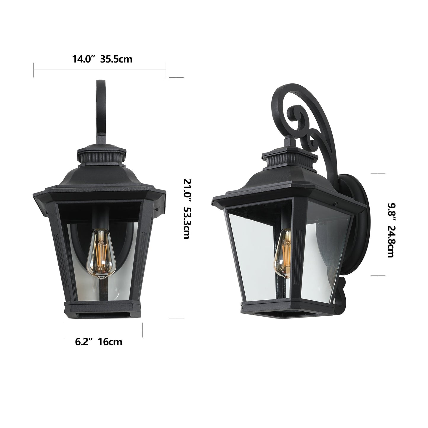 Two black outdoor wall lights with dimensions indicated on a white background