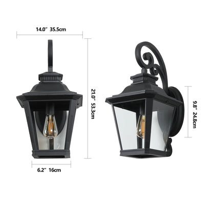 Two black outdoor wall lights with dimensions indicated on a white background