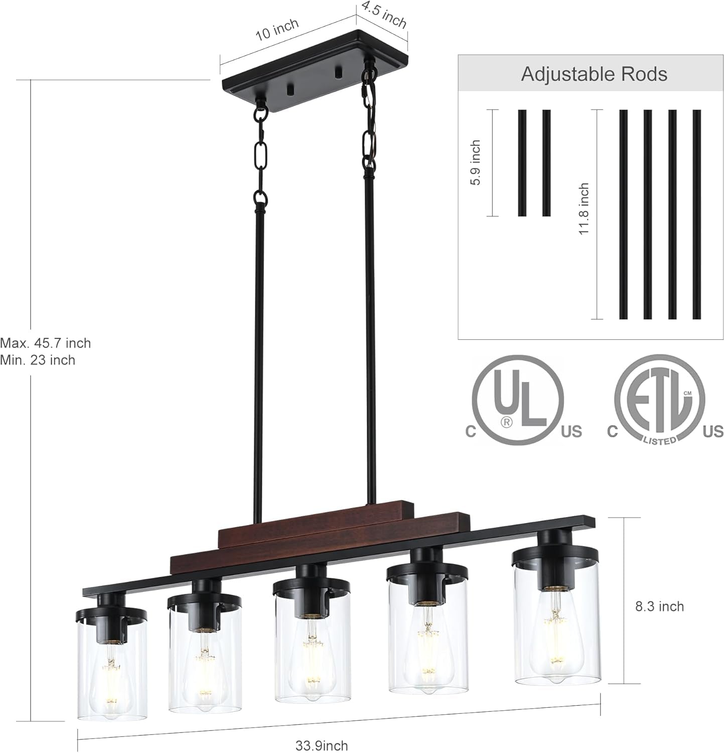 Chandelier with adjustable rods and dimensions on a white background