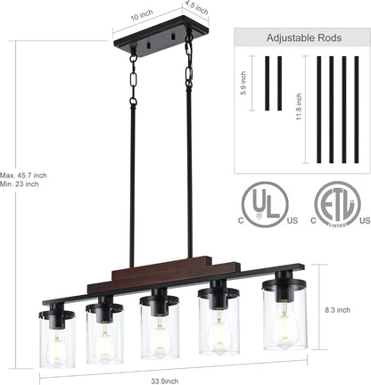 Chandelier with adjustable rods and dimensions on a white background