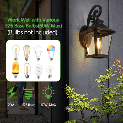 Outdoor wall light fixture with bulb compatibility information on a dark background