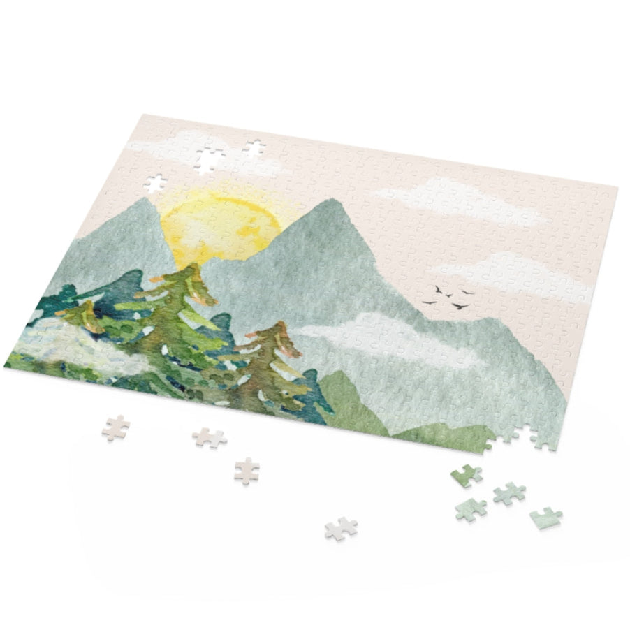 Jigsaw puzzle with a mountain and tree design on a white background