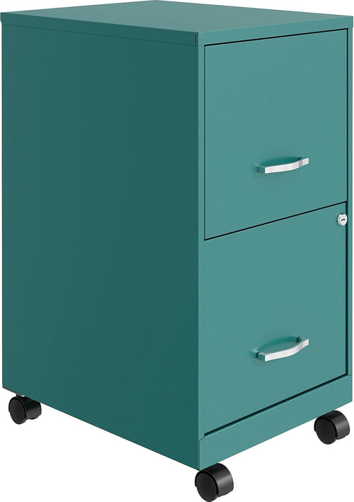Teal metal file cabinet with two drawers on wheels against a white background
