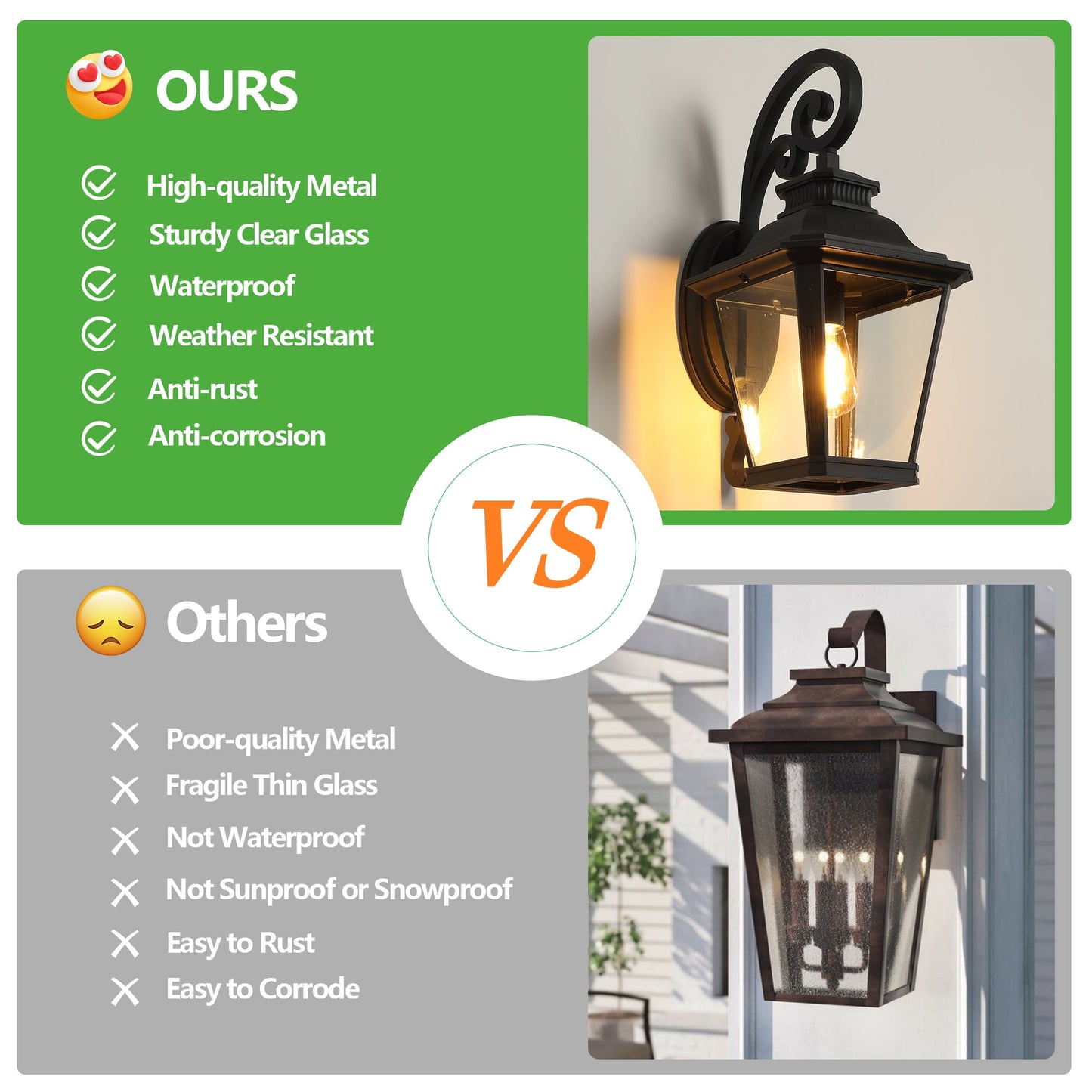 Comparison of high-quality outdoor light fixture with listed features against a competitor's light fixture.