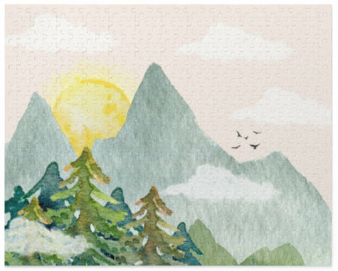 Scenic artwork of mountains, trees, and a sun with birds flying.