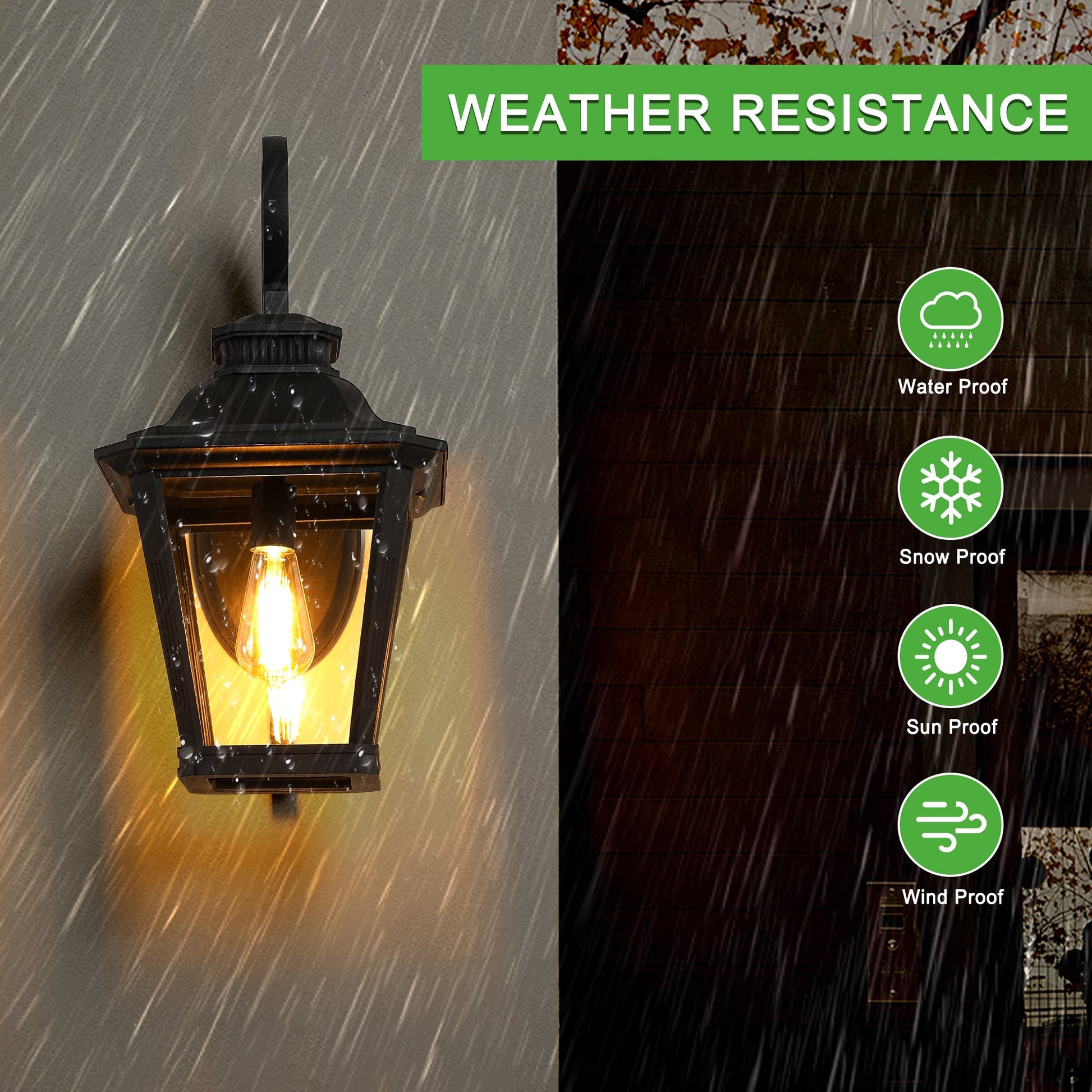 Outdoor wall light fixture with weather resistance features highlighted
