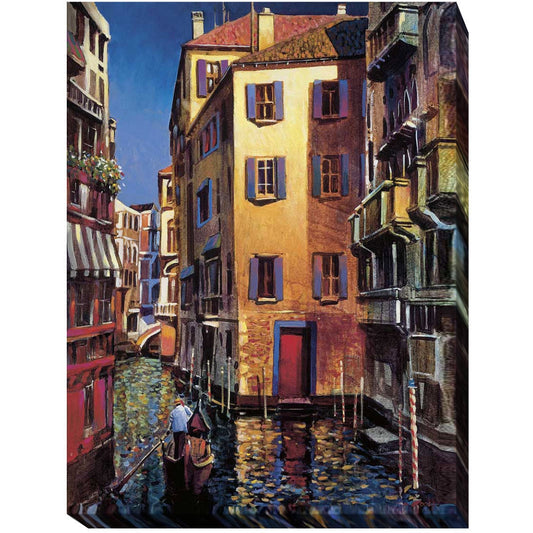 Painting of a canal scene with gondola, water, sunset and buildings in Venice, Italy.