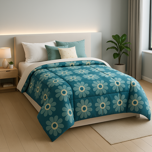 Bedroom with a bed featuring a aqua green queen size. Crafted from premium microfiber, this comforter is ultra-soft, lightweight, and breathable, offering year-round comfort for a restful night’s sleep.