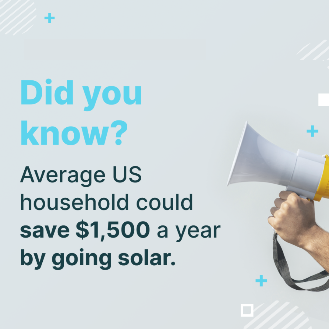 Hand holding a megaphone with text about solar energy savings for US households on a light blue background.