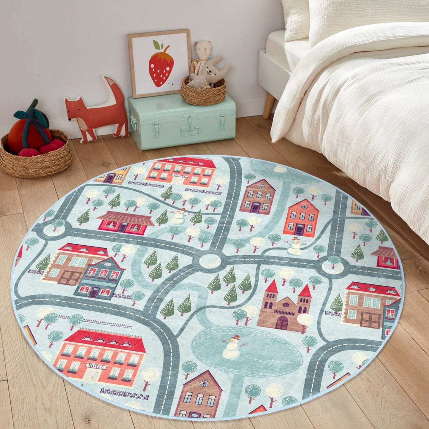 KIDS RUG: WINTER CITY ROADS – WASHABLE SOFT VELVET ROUND PLAY MAT