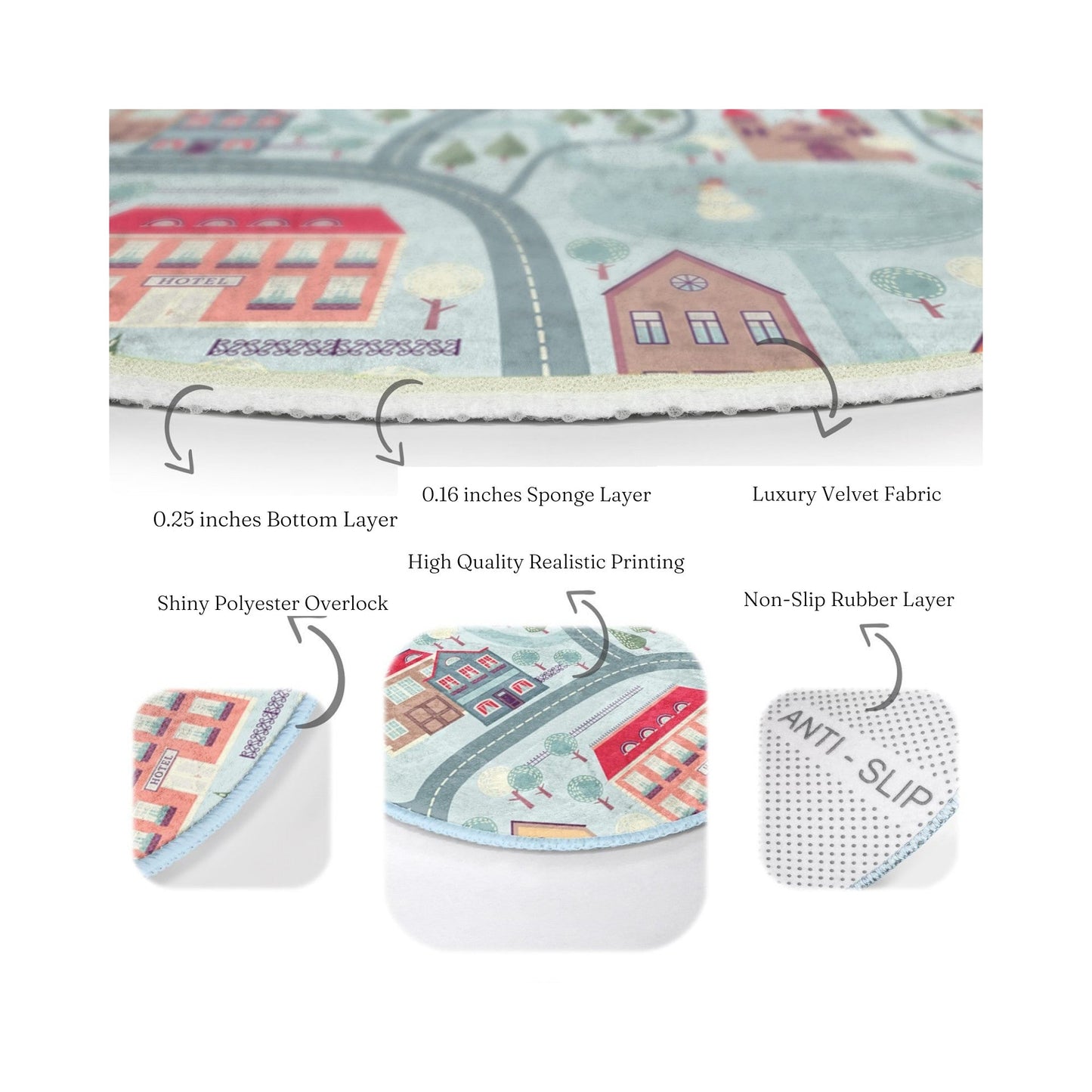 KIDS RUG: WINTER CITY ROADS – WASHABLE SOFT VELVET ROUND PLAY MAT