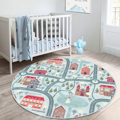 KIDS RUG: WINTER CITY ROADS – WASHABLE SOFT VELVET ROUND PLAY MAT