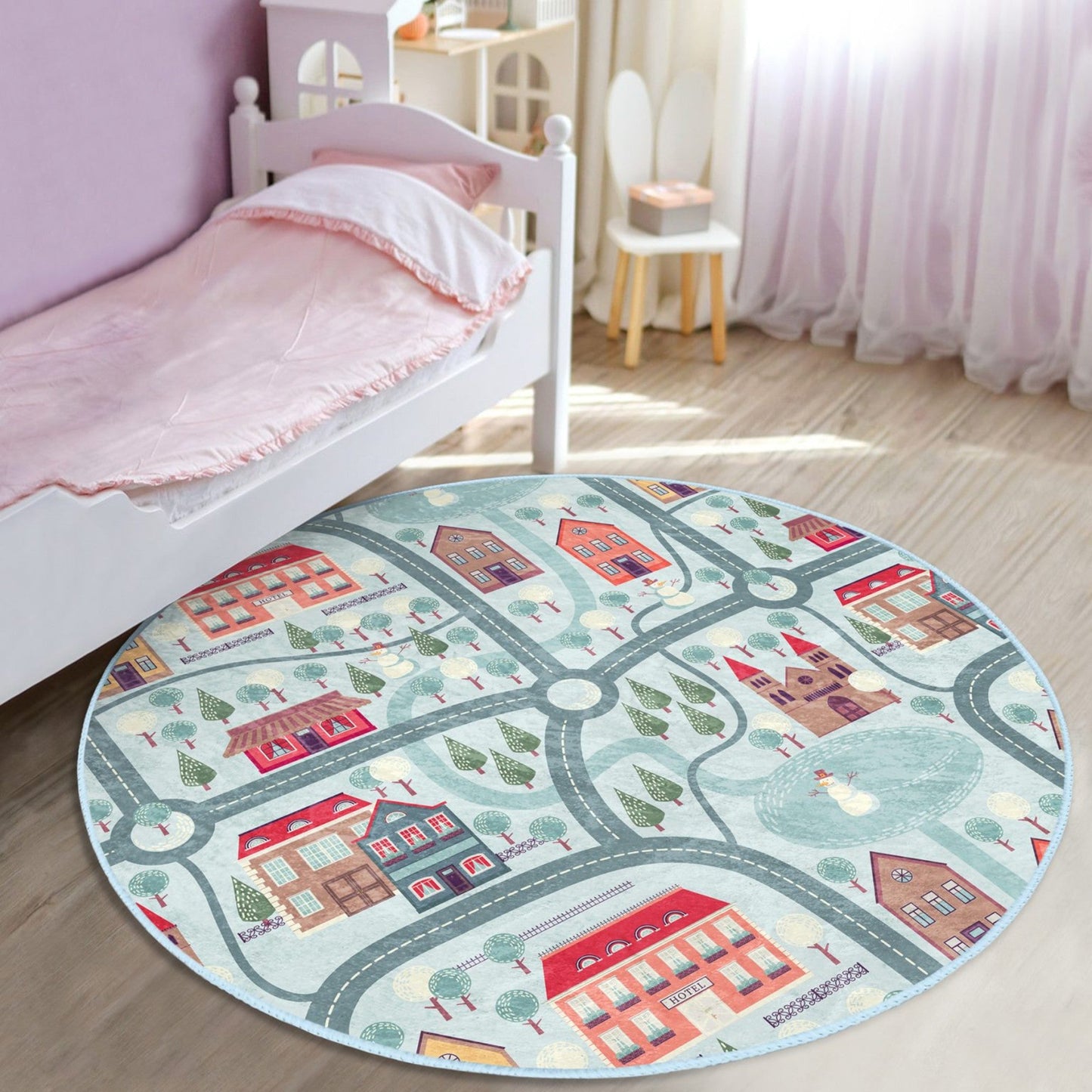 KIDS RUG: WINTER CITY ROADS – WASHABLE SOFT VELVET ROUND PLAY MAT