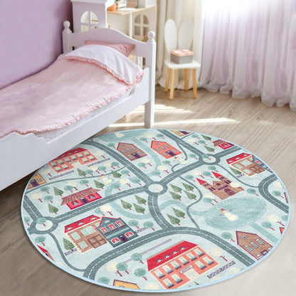 KIDS RUG: WINTER CITY ROADS – WASHABLE SOFT VELVET ROUND PLAY MAT