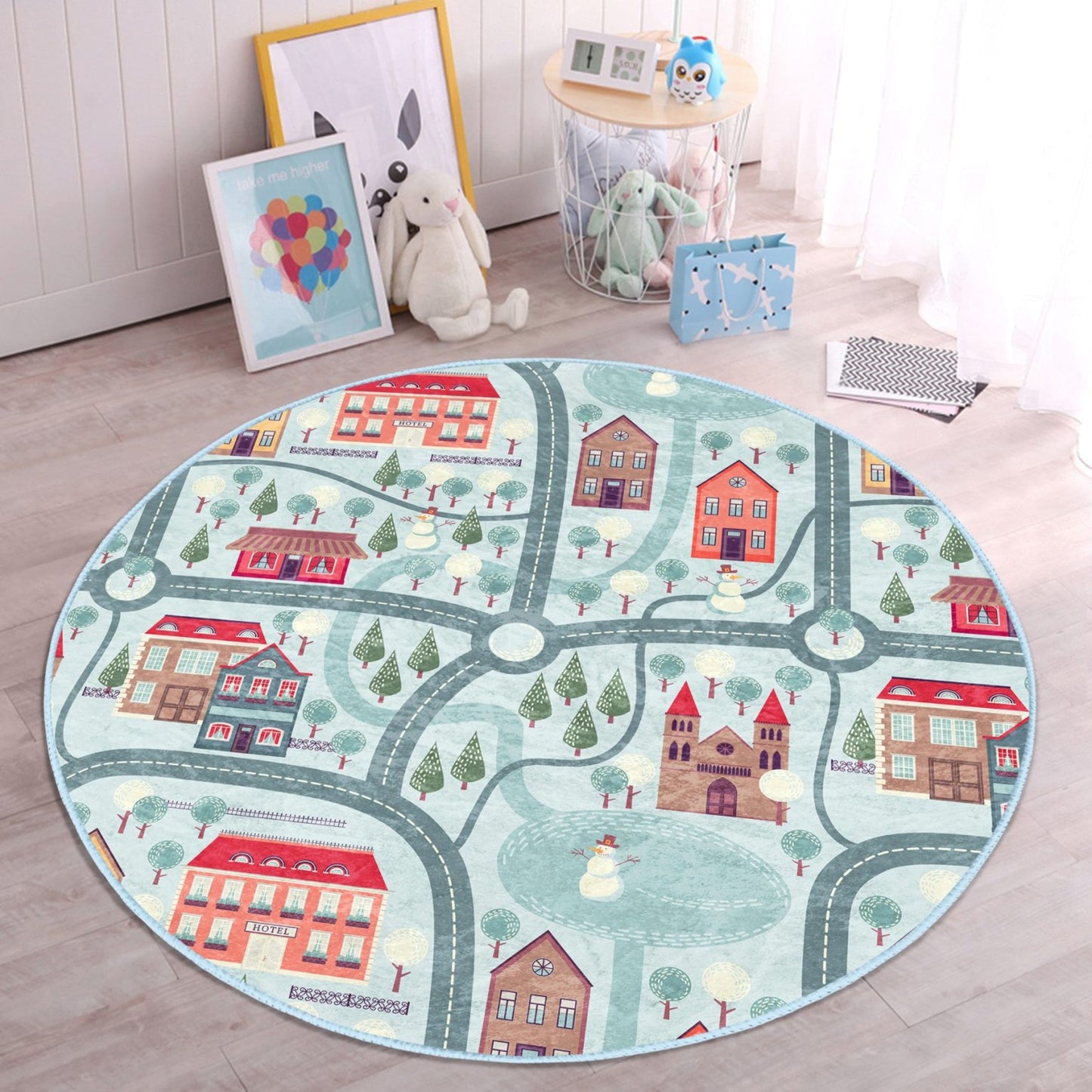 KIDS RUG: WINTER CITY ROADS – WASHABLE SOFT VELVET ROUND PLAY MAT
