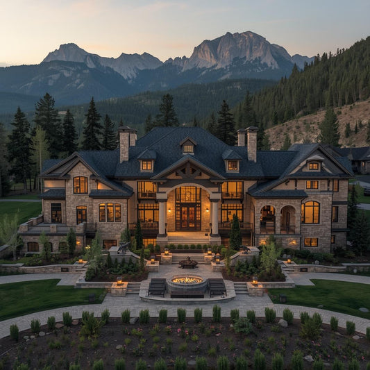 Luxurious mansion with mountainous landscape in the background