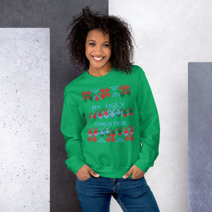 Christmas bells graphic on ugly green sweater on women