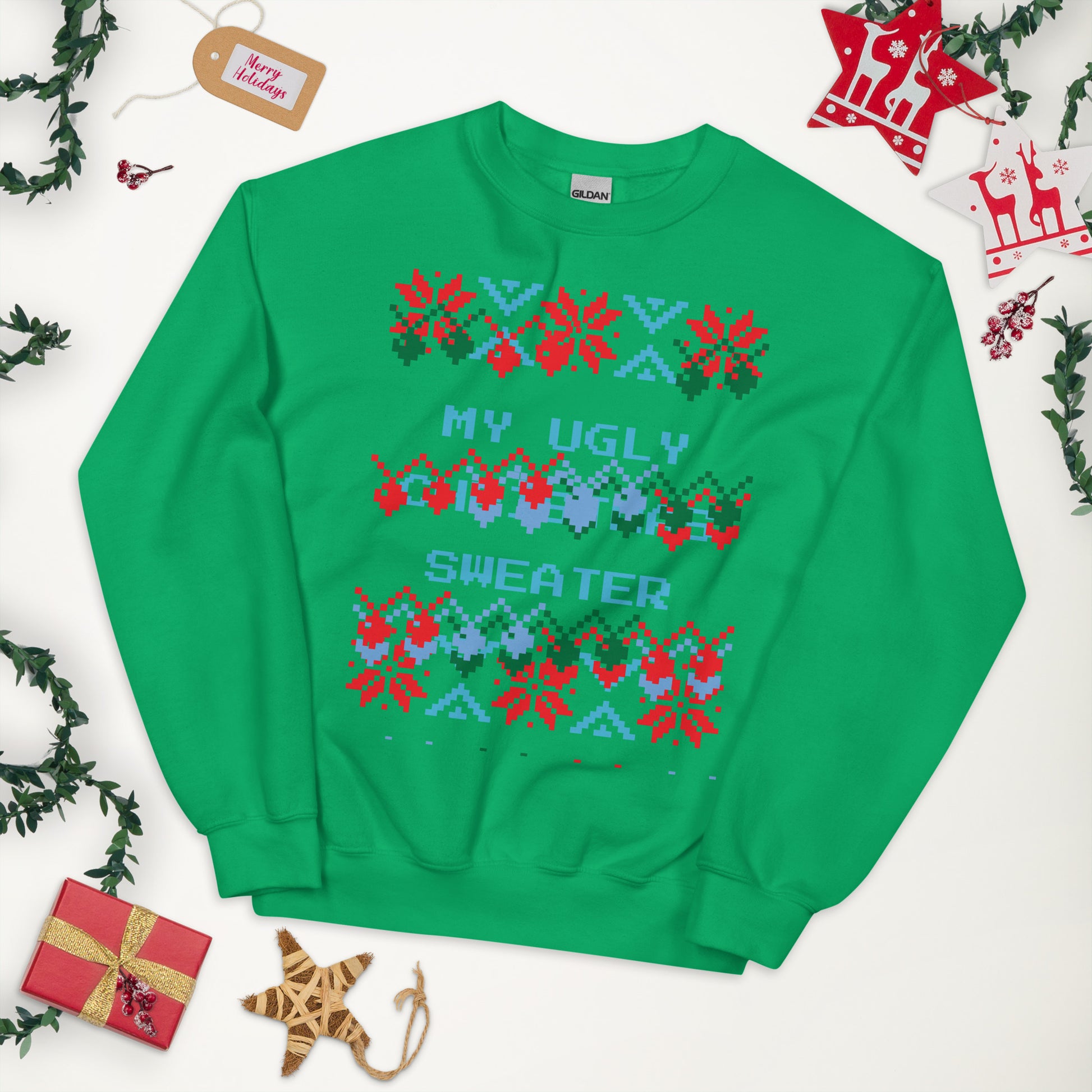 Christmas bells graphic on ugly green sweater