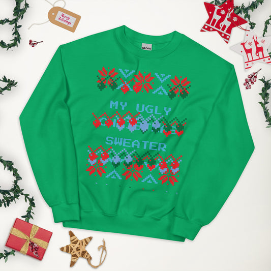 Christmas bells graphic on ugly green sweater