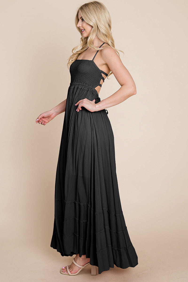 Woman wearing a black maxi dress 