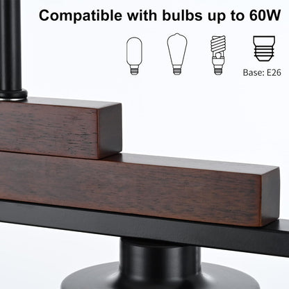 Wooden lamp with compatibility information for bulbs up to 60W and E26 base.