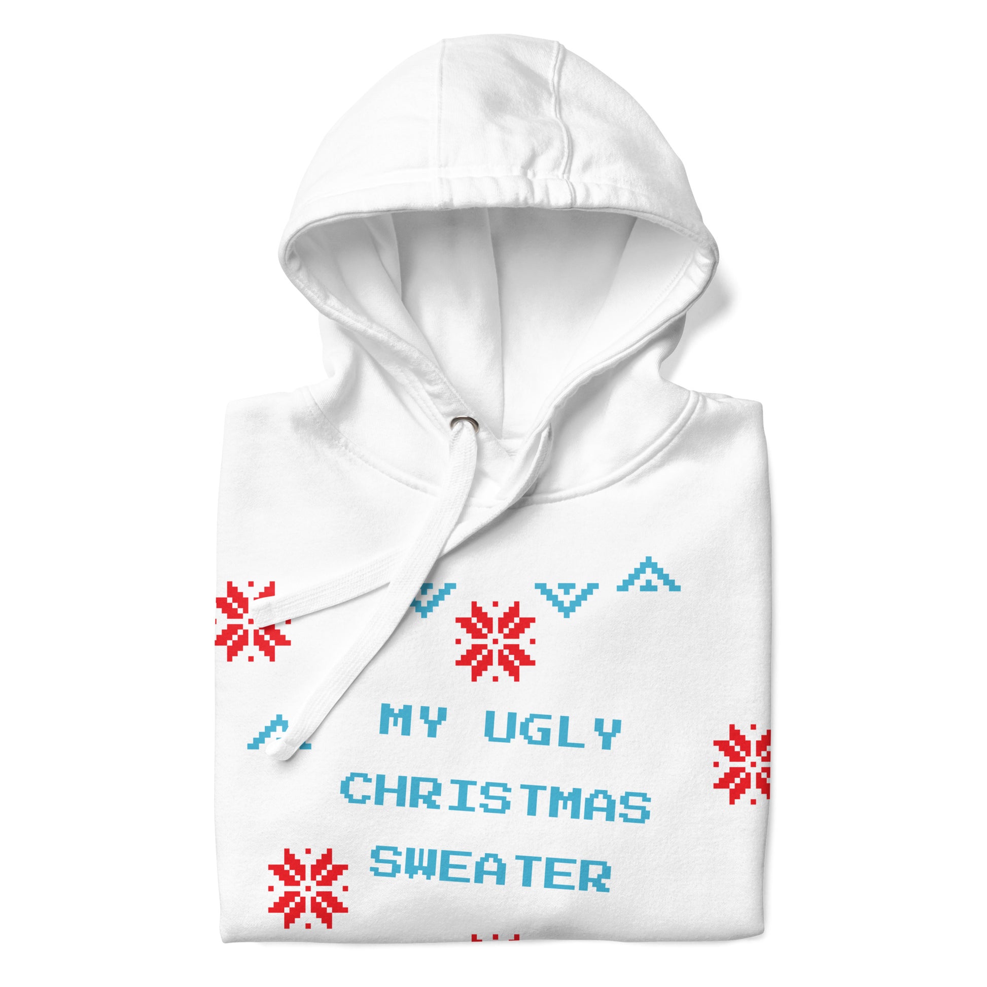 White hoodie with red snowflakes and blue text on a white background