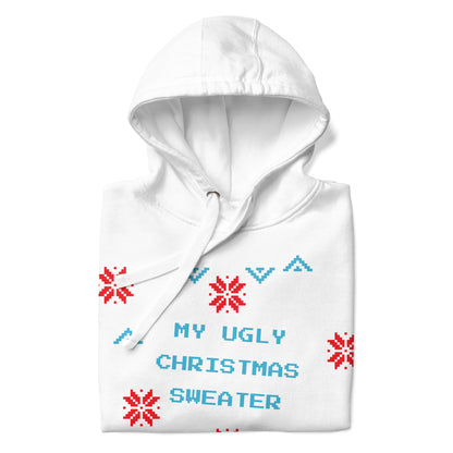 White hoodie with red snowflakes and blue text on a white background