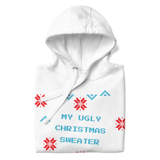 White hoodie with red snowflakes and blue text on a white background