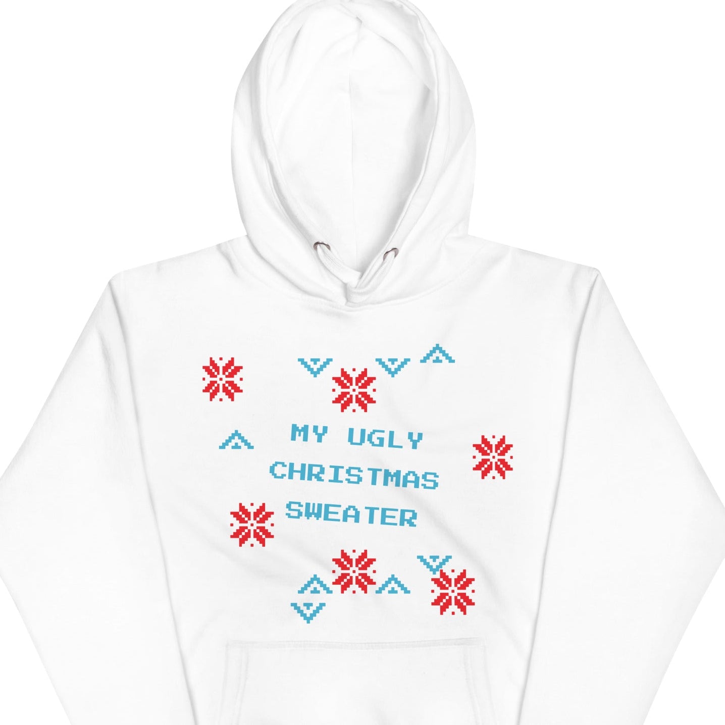 White hoodie with red and blue geometric patterns and text on a white background