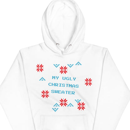 White hoodie with red and blue geometric patterns and text on a white background