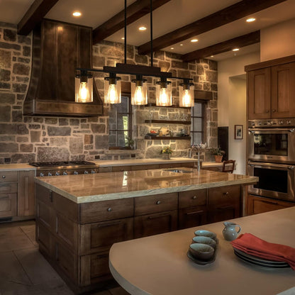 Modern kitchen with stone wall, wooden cabinets, and island.