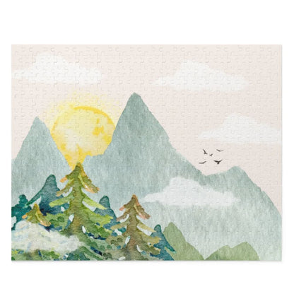Scenic artwork of mountains, trees, and a sun with birds flying.