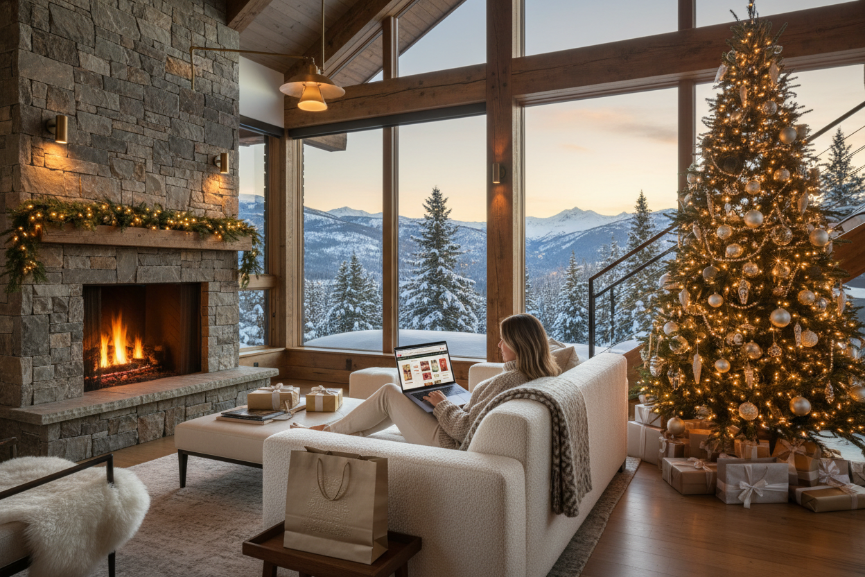 Cozy living room with a fireplace, Christmas tree, and person on a couch.