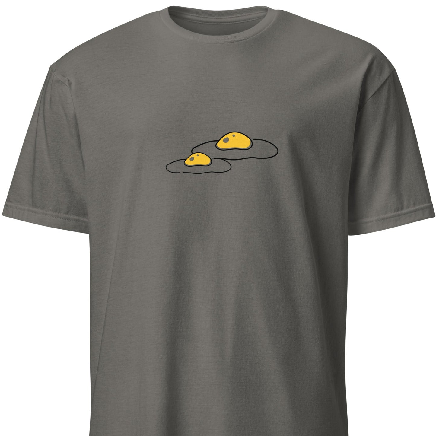 t-shirt with a graphic of two cracked eggs 