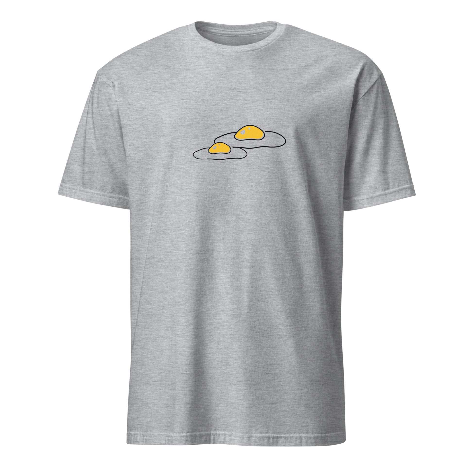 Gray t-shirt with green graphic and text on a white background