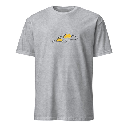 Gray t-shirt with green graphic and text on a white background