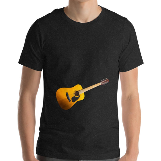 Person wearing a black t-shirt with a yellow guitar graphic on a black background