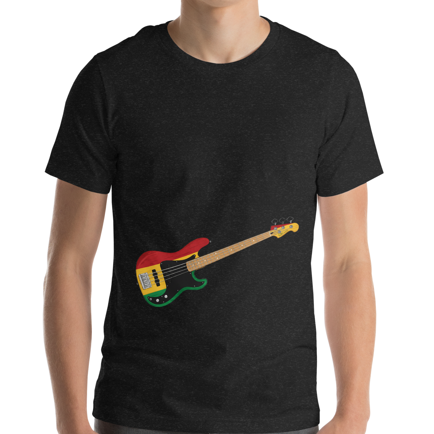 Person wearing a black t-shirt with a reggae inspired bass guitar graphic on a white background