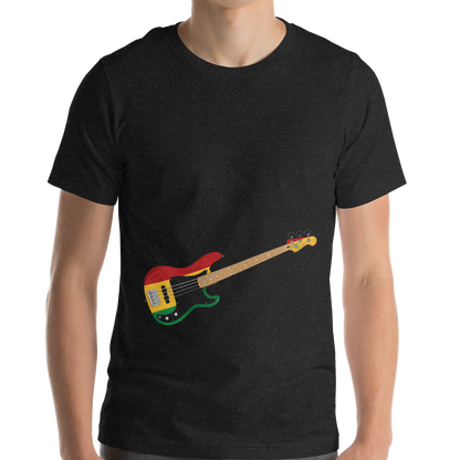 Person wearing a black t-shirt with a reggae inspired bass guitar graphic on a white background