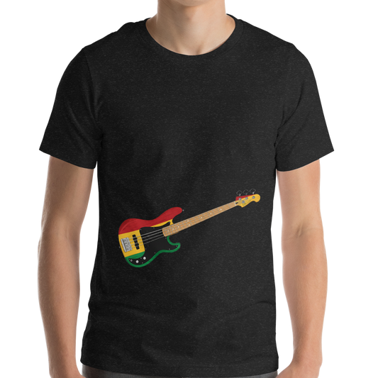 Person wearing a black t-shirt with a reggae inspired bass guitar graphic on a white background